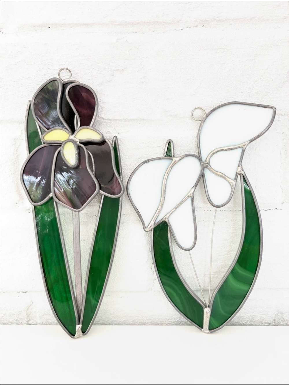 Purple White Green Flower Stain Glass Sun Catcher Lot of 2